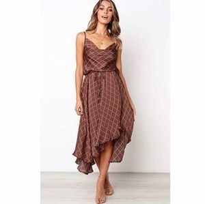 Backless strap plaid midi dress ⚘